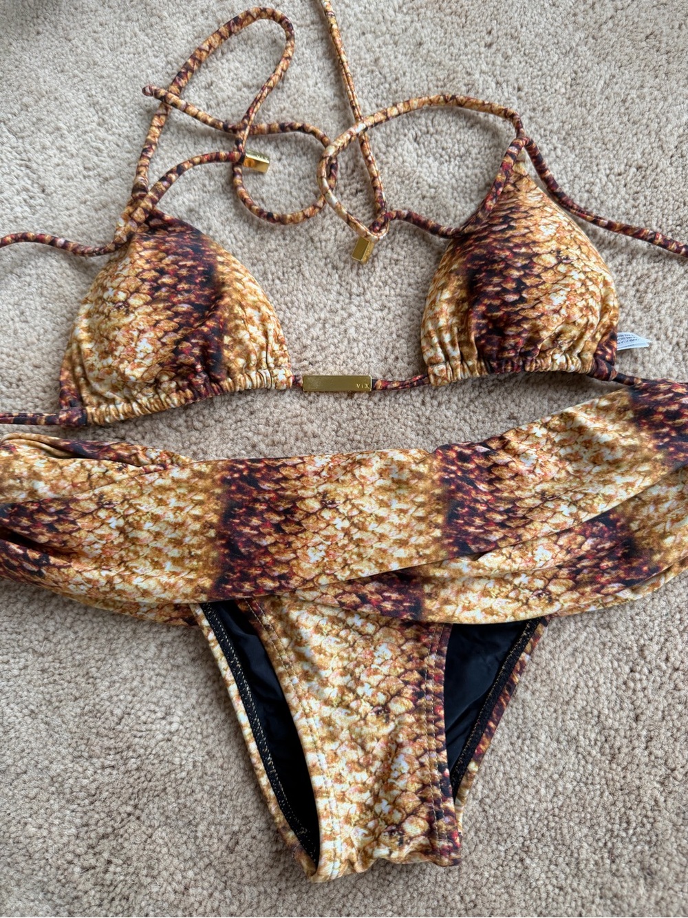 Vix Gold and Brown Scaled Print Triangle Bikini